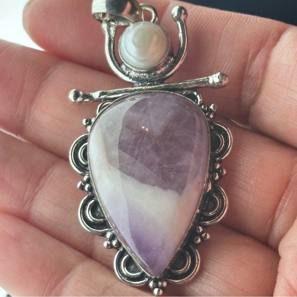 Artisan Jewelry - Elegant Artisan Amethyst Pendant Teardrop With Pearl Accent Silver Tone